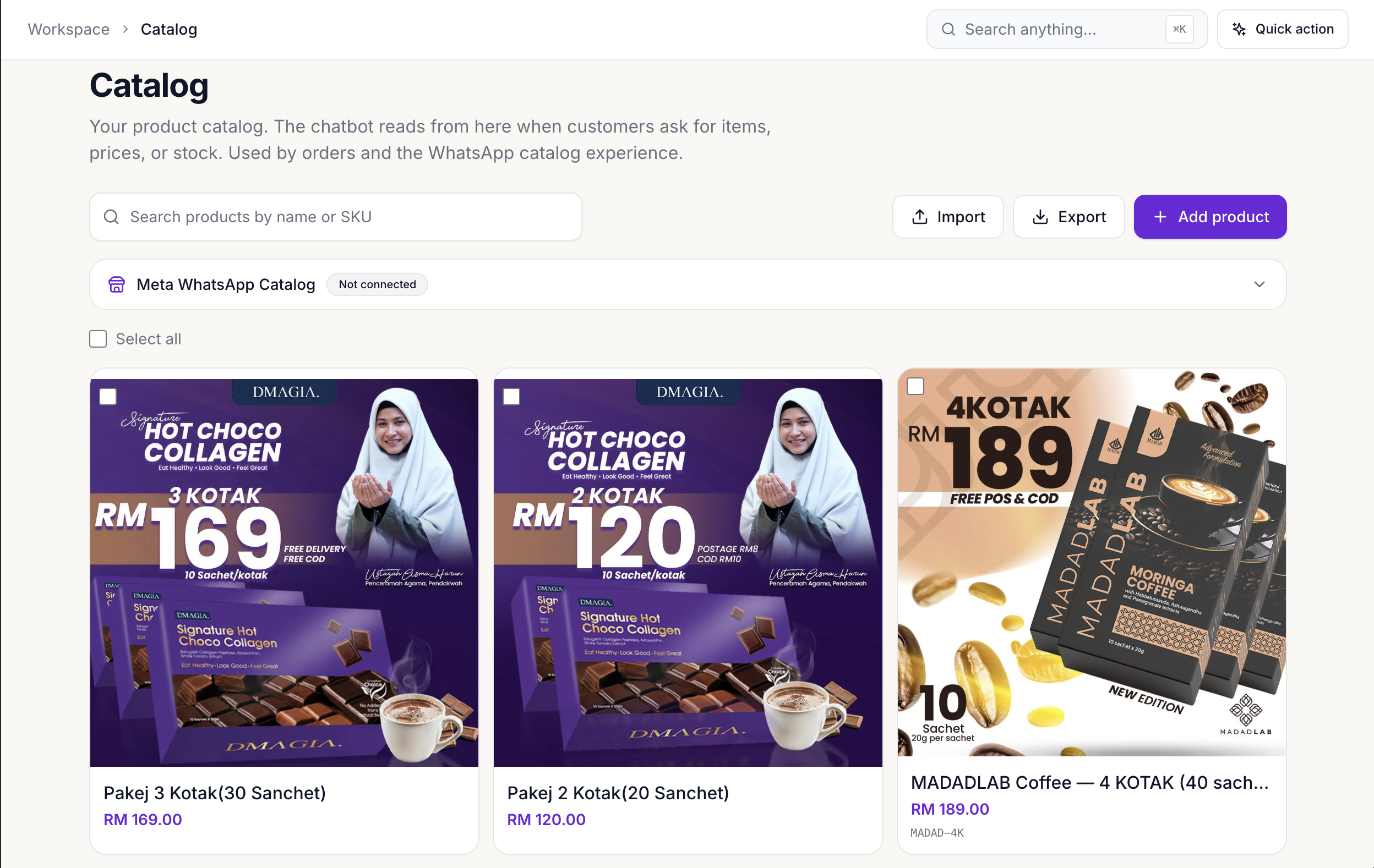 Real WaKlaud product catalog — Labu's products with prices, read by the chatbot