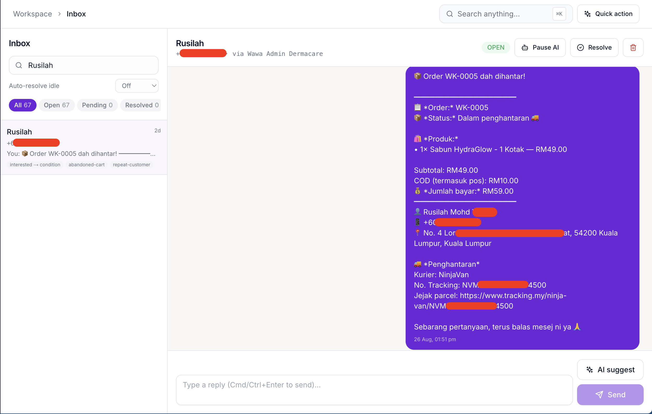 Real WaKlaud team inbox — a COD order (RM59) marked shipped with a NinjaVan tracking number and parcel link sent to the customer