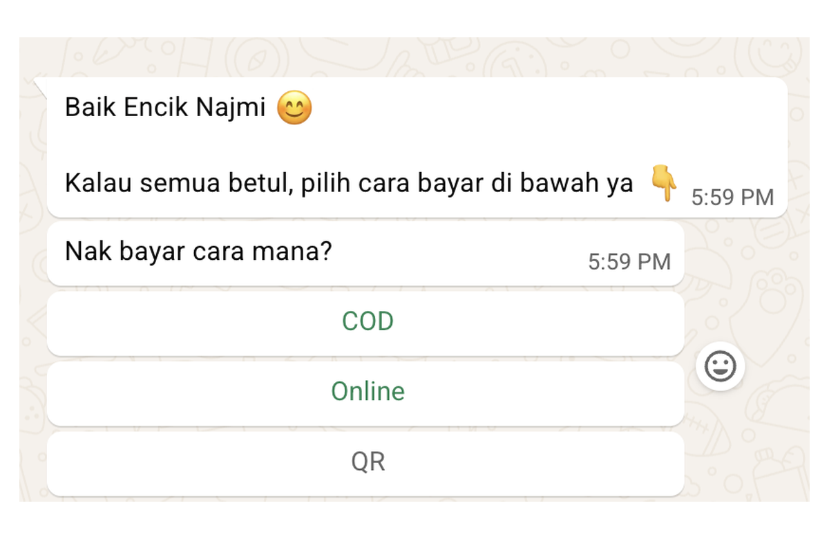 Real WaKlaud chat — AI collects the address then offers COD, Online and QR payment buttons