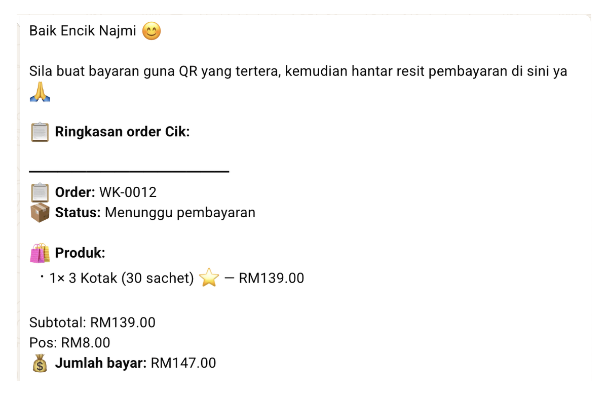 Real WaKlaud chat — clean order summary the AI sends with the DuitNow QR