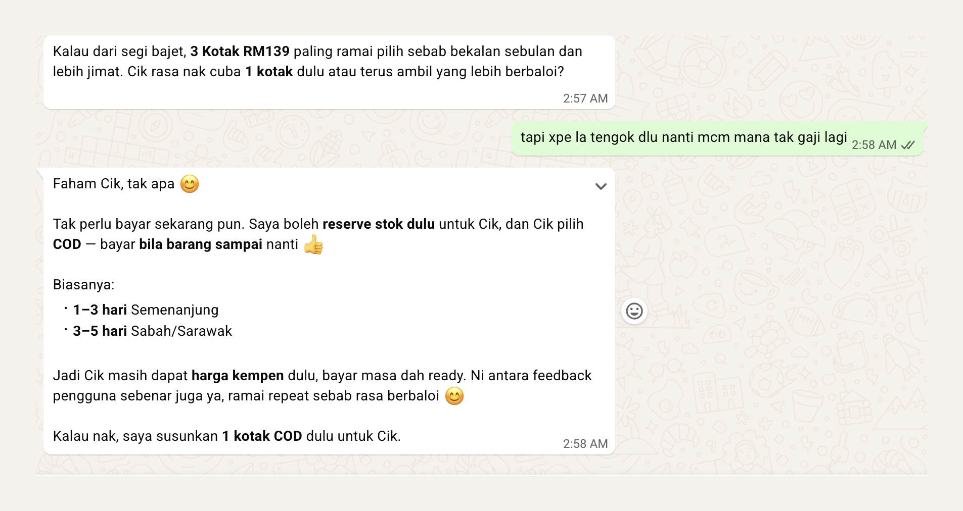 Real WaKlaud chatbot handling a customer's 'not now' objection — offers to reserve stock + COD